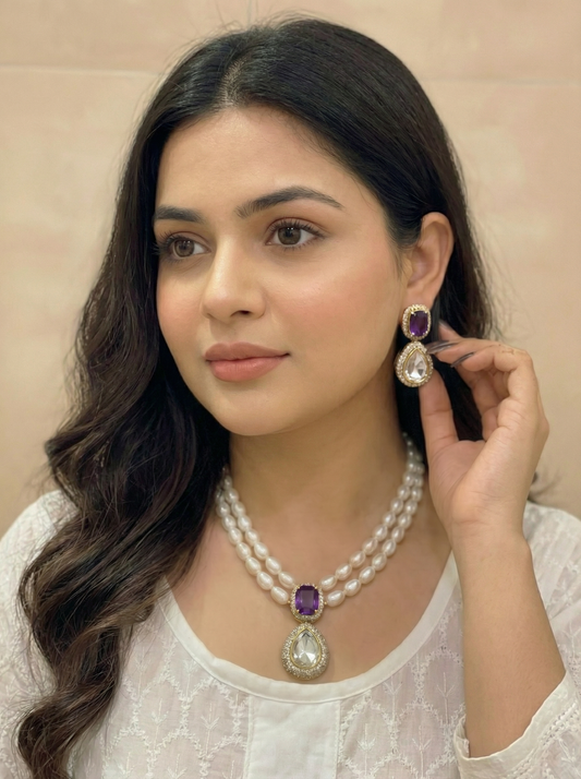 Royal Purple Pearl & Amethyst Polki Necklace & Earrings Set