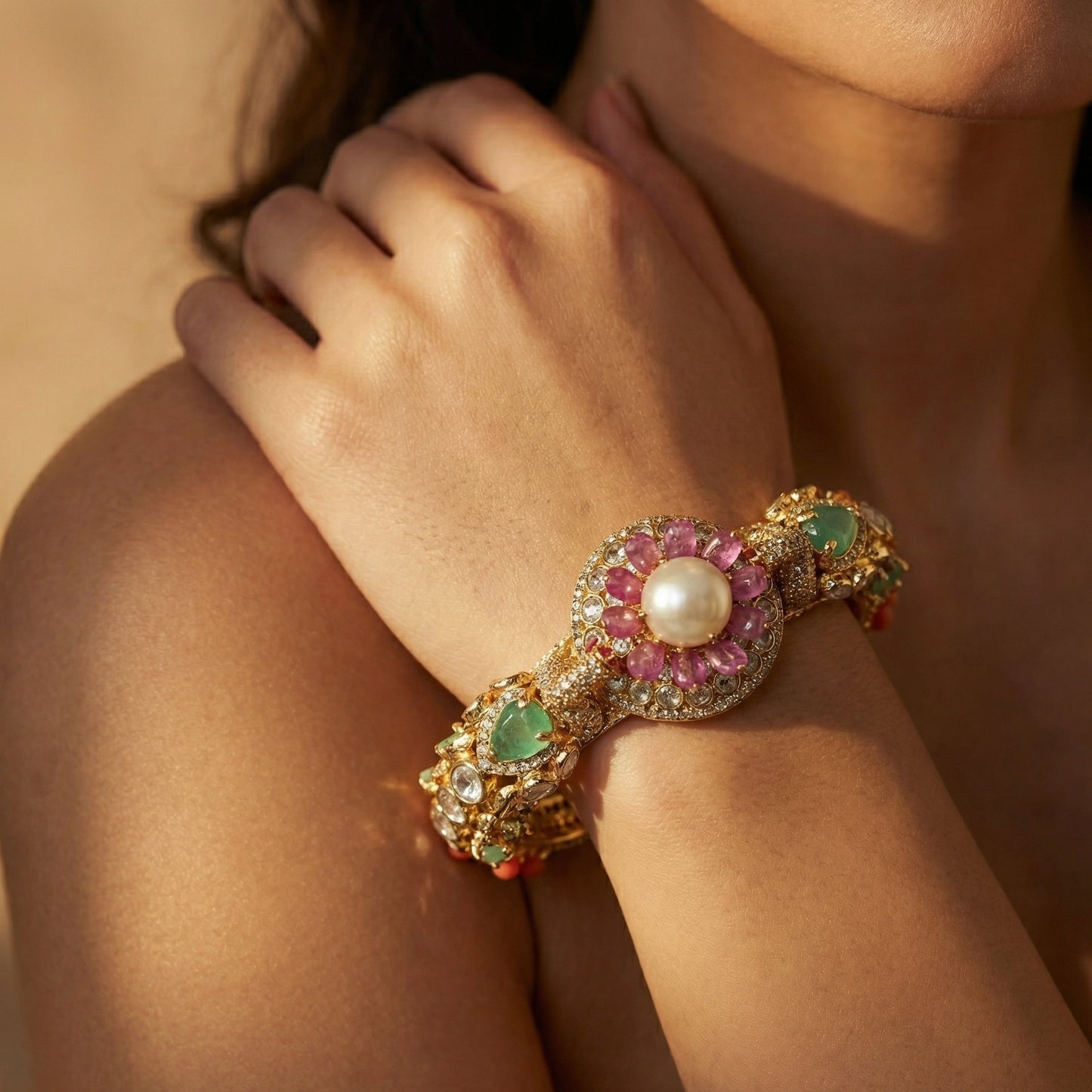 Pearl Ruby Emerald Floral Gold Bracelet