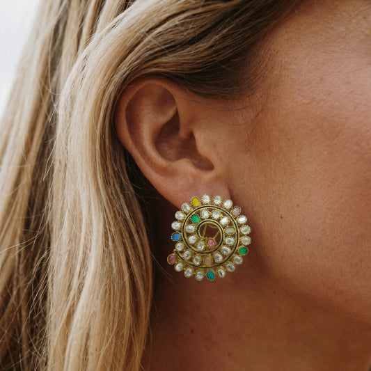 Navaratna Polki Multicolour Gold Stud Earrings
