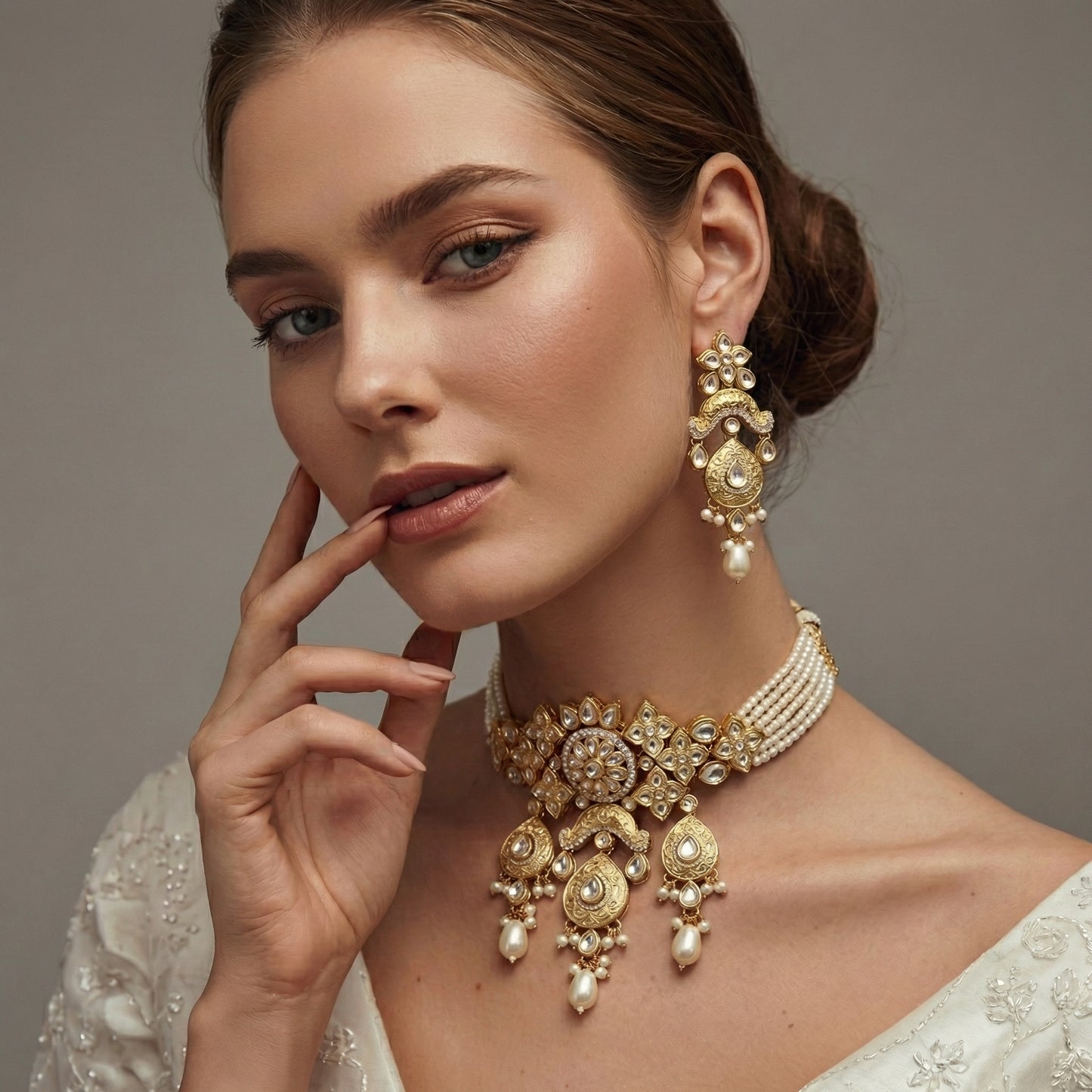 Ivory Pearl & Polki Mandala Choker Set with Earrings