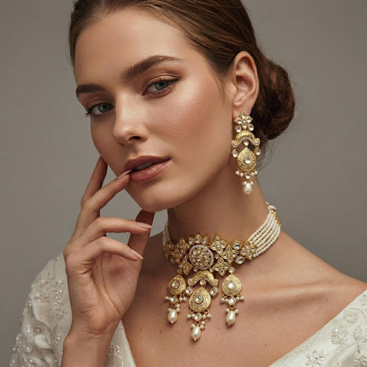 Ivory Pearl & Polki Mandala Choker Set with Earrings