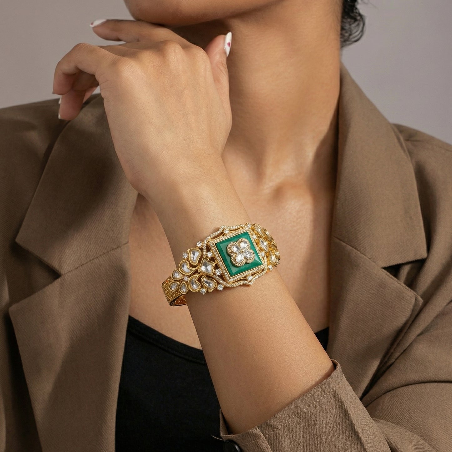 Malachite Polki Diamond Floral Gold Bangle