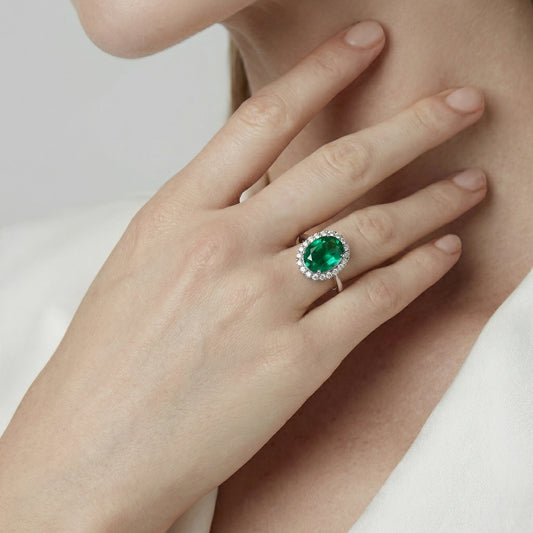Emerald Oval Diamond Halo Silver Ring