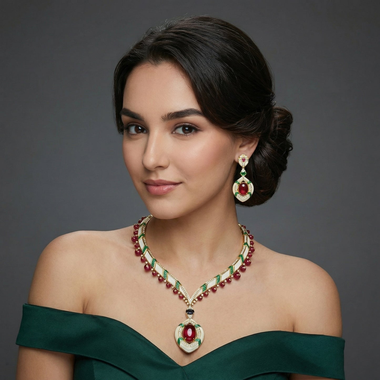 Ruby Enamel Mother of Pearl Gold Set