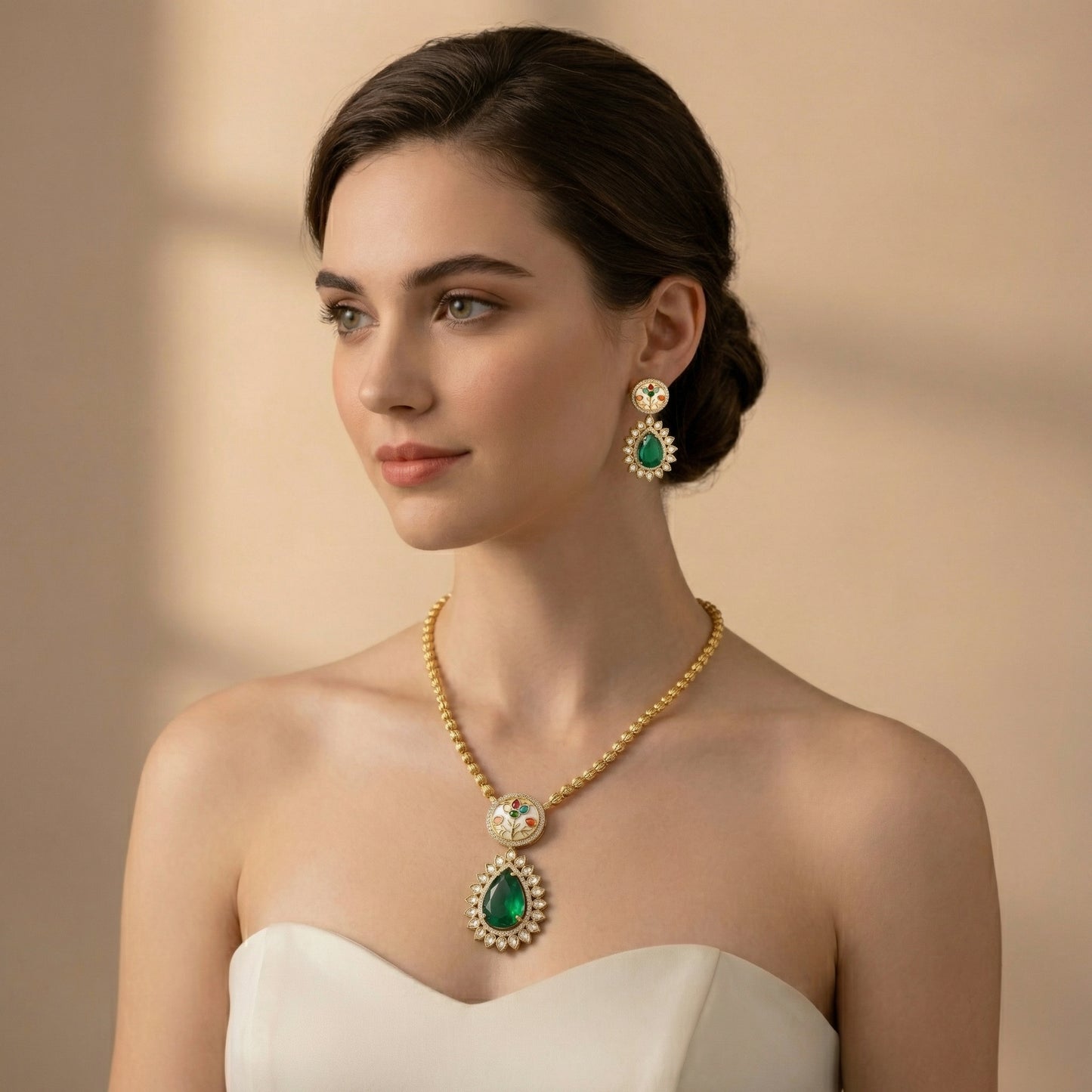 Emerald MOP Pear Meenakari Polki Gold Set