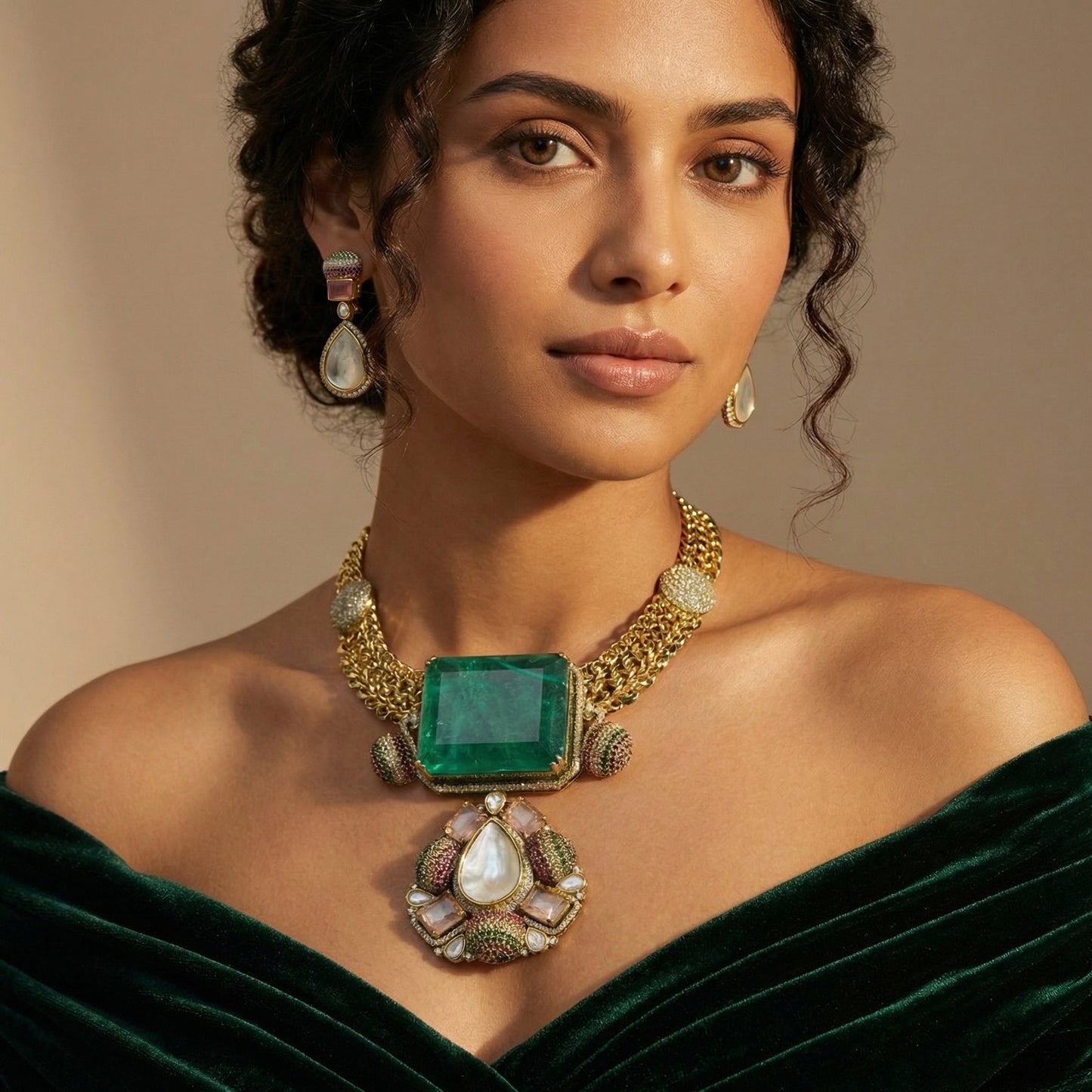 Emerald Slab Polki Morganite Gold Choker Set