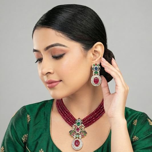 Crimson Vine Multi-Gemstone Long Necklace & Earrings Set