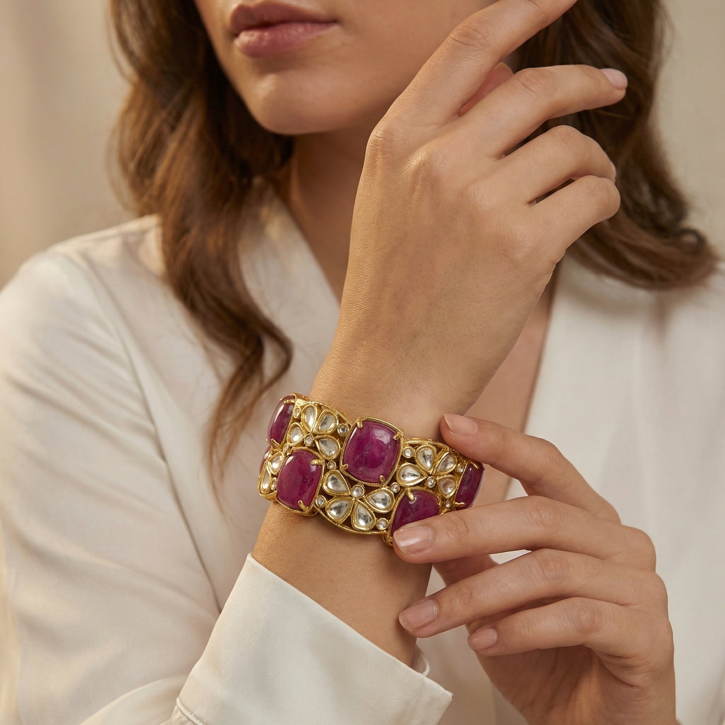 Purple Cushion Polki Floral Gold Bangle