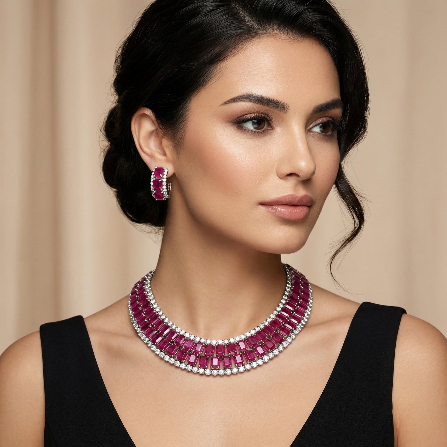 Ruby Baguette Diamond Silver Choker Set