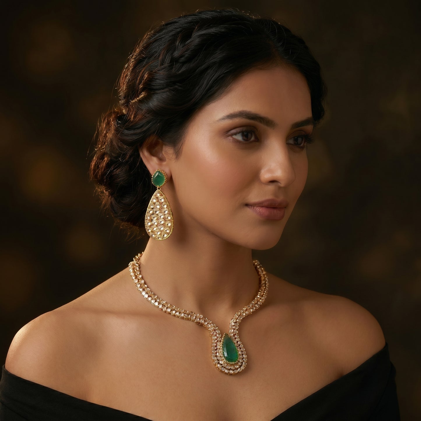 22 C GOLD PLATING Emerald Pear Polki Gold Necklace Set