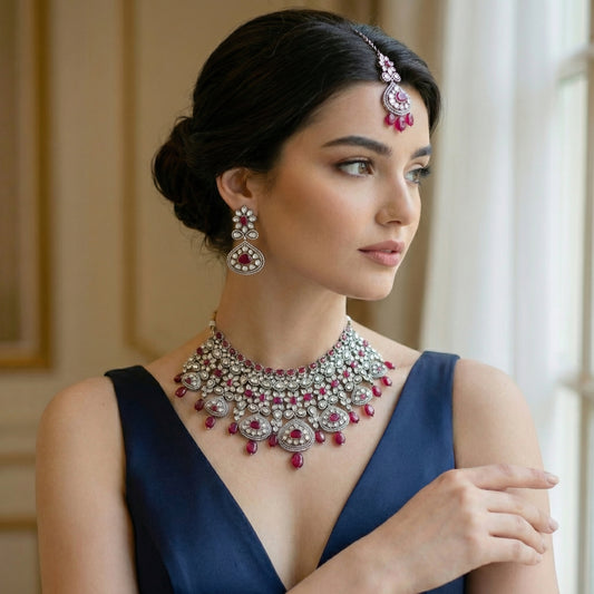 Ruby Polki Silver Bib Bridal Set