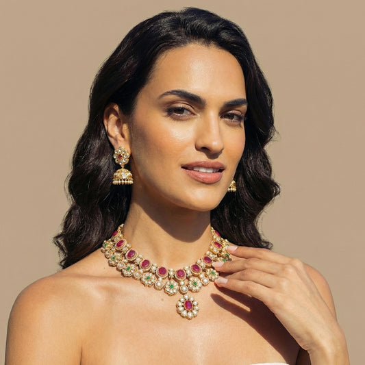22 C GOLD PLATING Ruby Polki Floral Gold Necklace Set