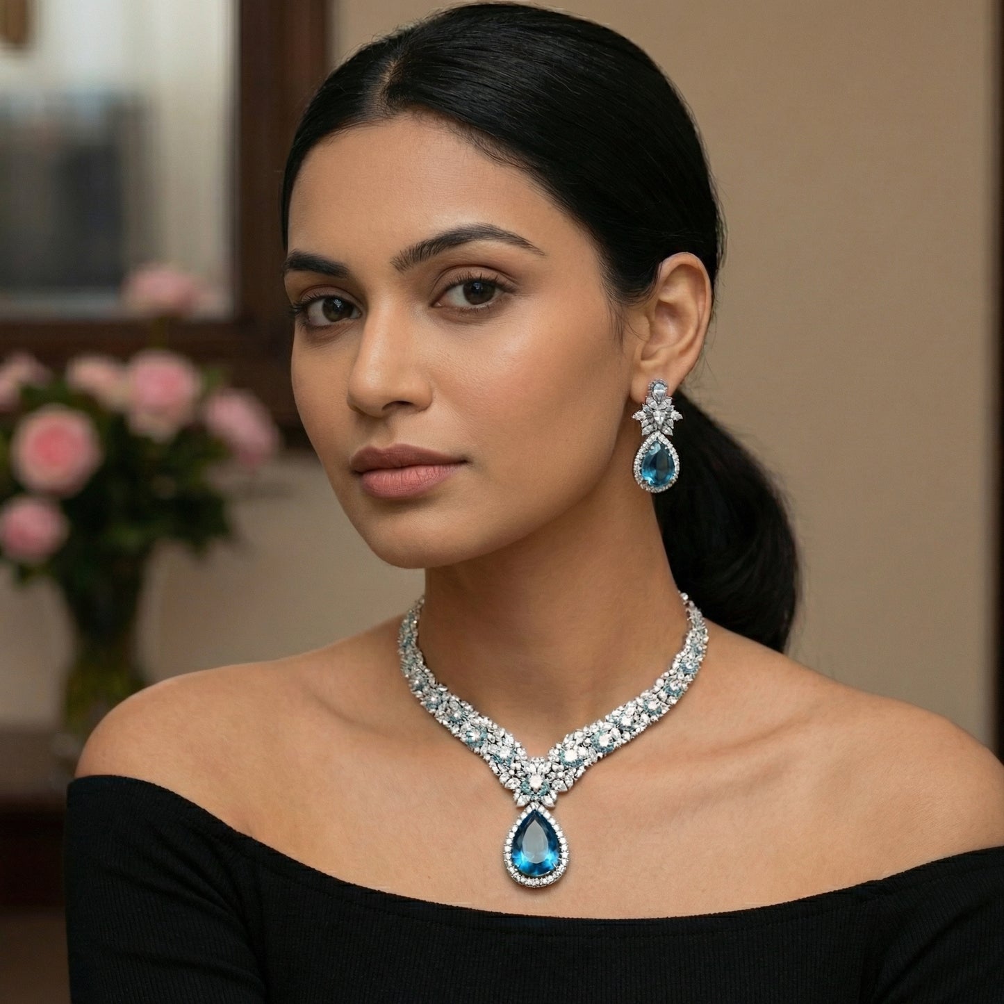 Blue Topaz Diamond Pavé Teardrop Necklace Set