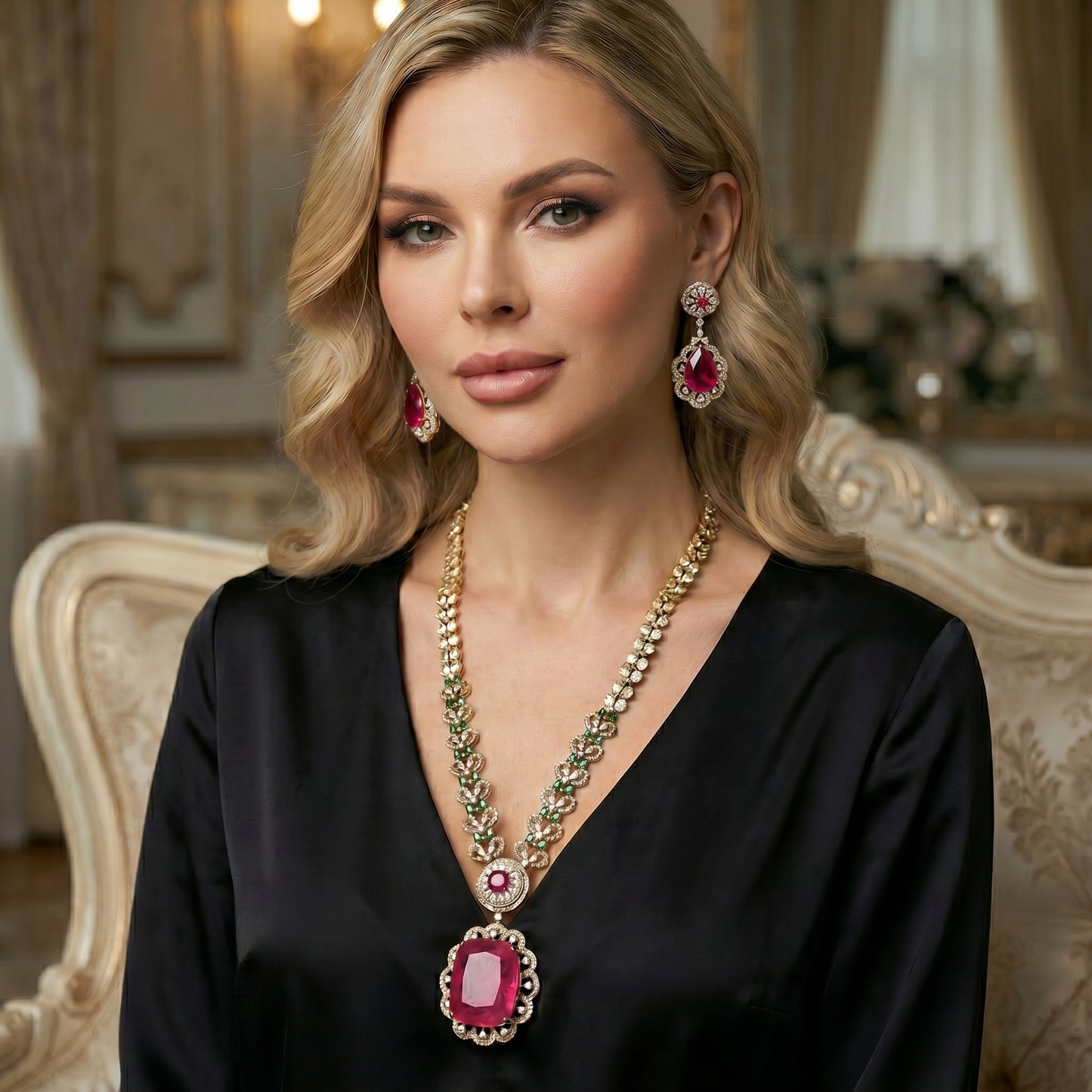 Ruby Emerald Diamond Scroll Solitaire Necklace Set