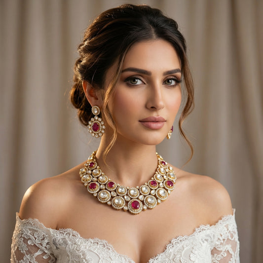 22 C GOLD PLATING Ruby Polki Diamond Medallion Bib Necklace Set