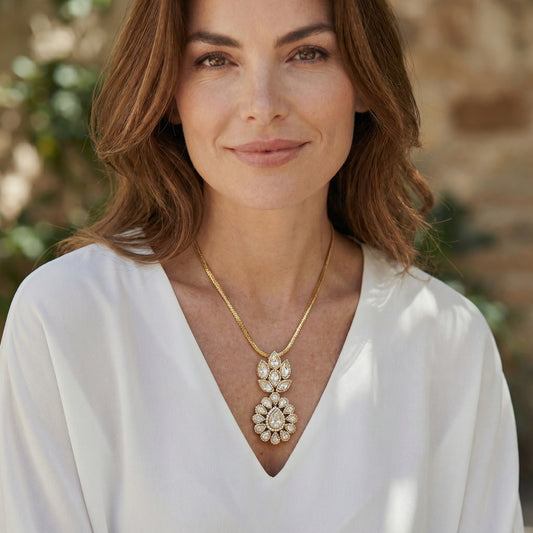 Diamond Polki Double Lotus Pendant Chain Necklace