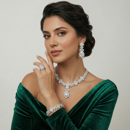 Diamond Crystal Princess Cut Four-Piece Jewellery Set