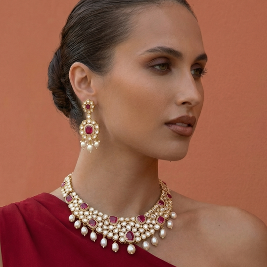 Ruby Polki Pearl Drop Bridal Necklace Set
