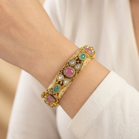 Pink Ruby Turquoise Meenakari Gold Bangle