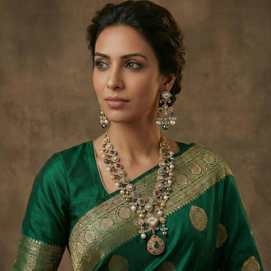 Navratan Pearl Diamond Scroll Necklace Set