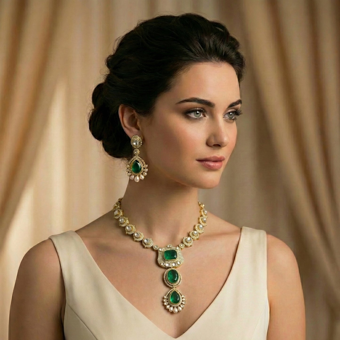 Emerald Polki Diamond Pearl Drop Necklace Set