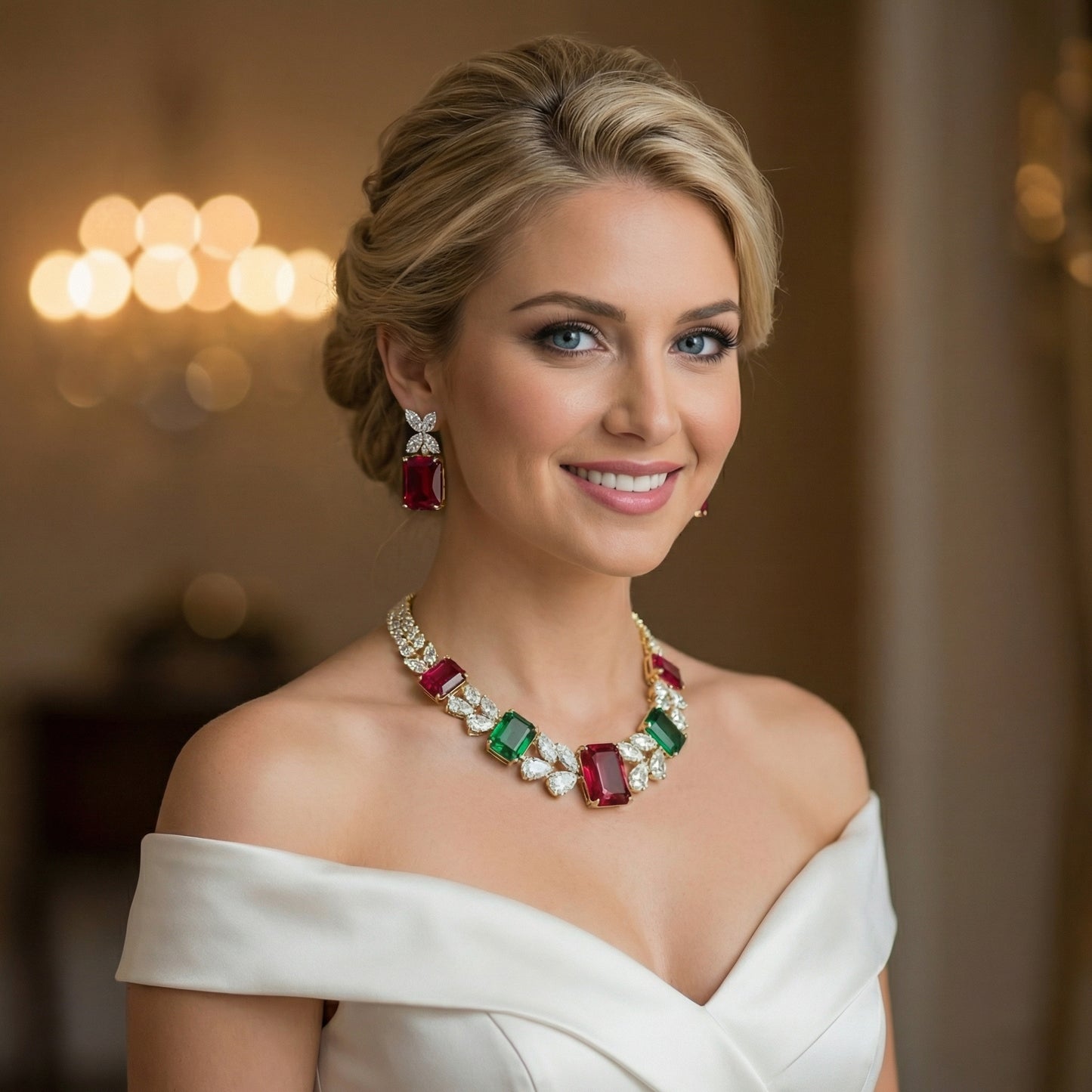 Ruby Emerald Diamond Leaf Choker Necklace Set