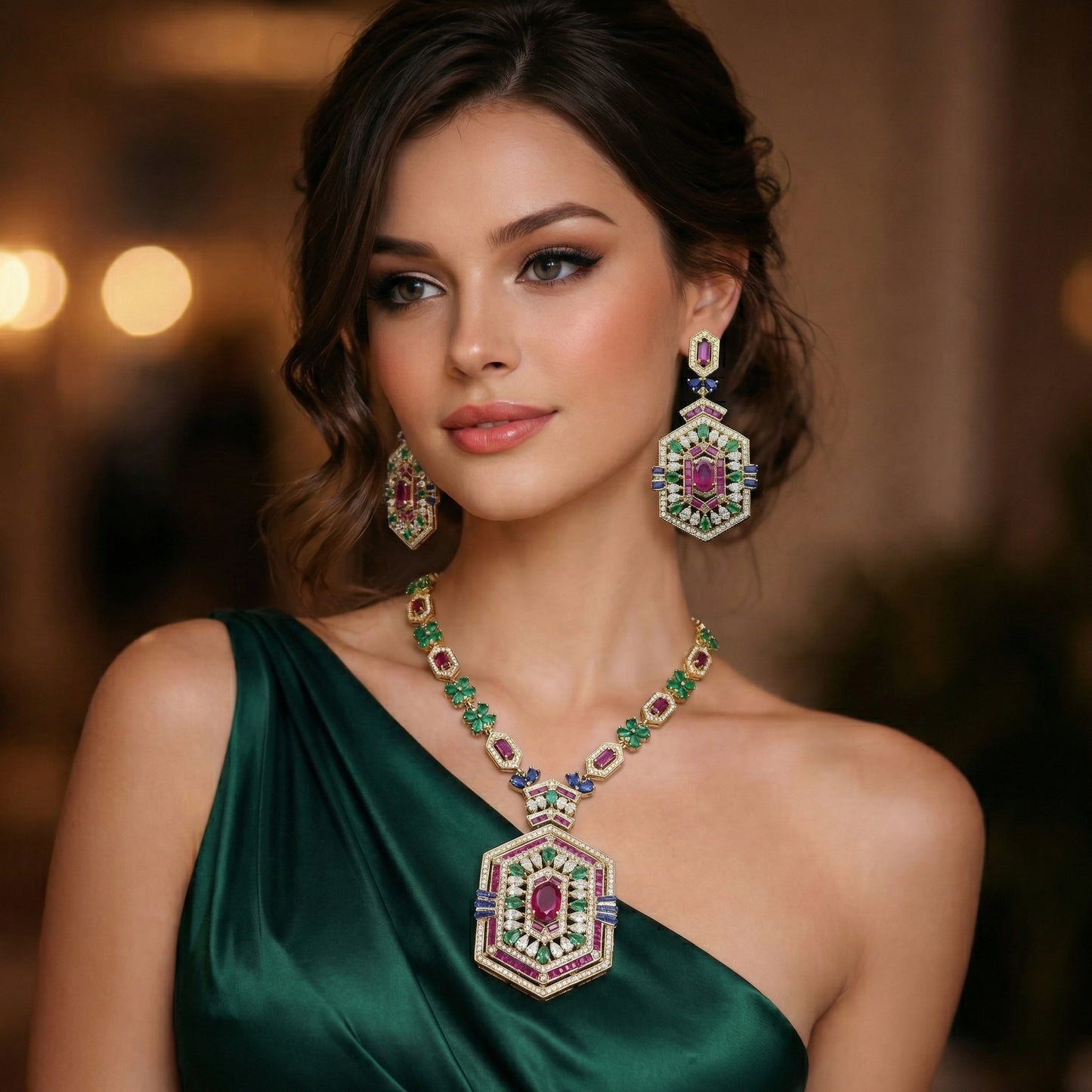 Royal Hex Art Deco Multi-Stone Necklace & Earrings Set