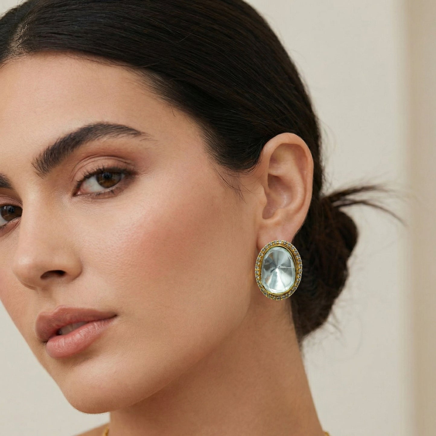 Oval Polki Diamond Halo Gold Stud Earrings