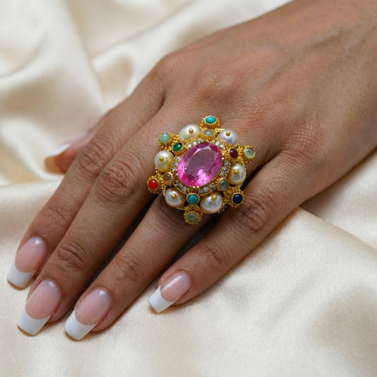 Pink Tourmaline Navaratna Pearl Gold Ring