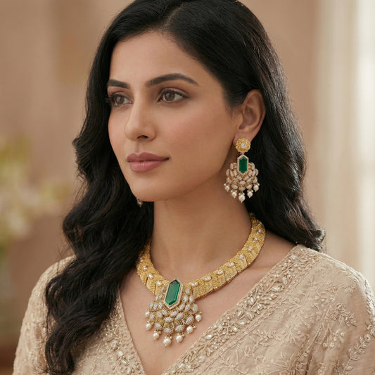 Emerald Hexagon Diamond Pearl Choker Set