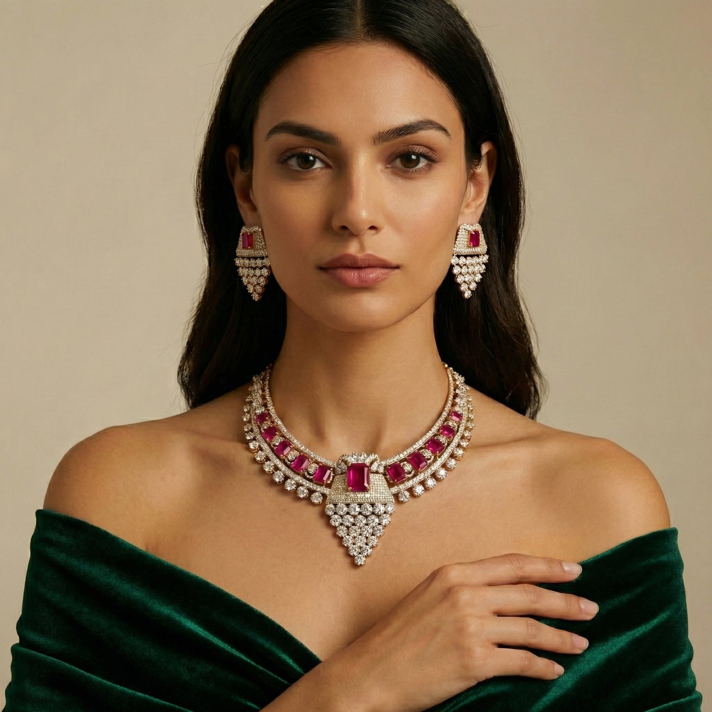 Ruby Emerald-Cut Diamond Cluster Bib Necklace Set
