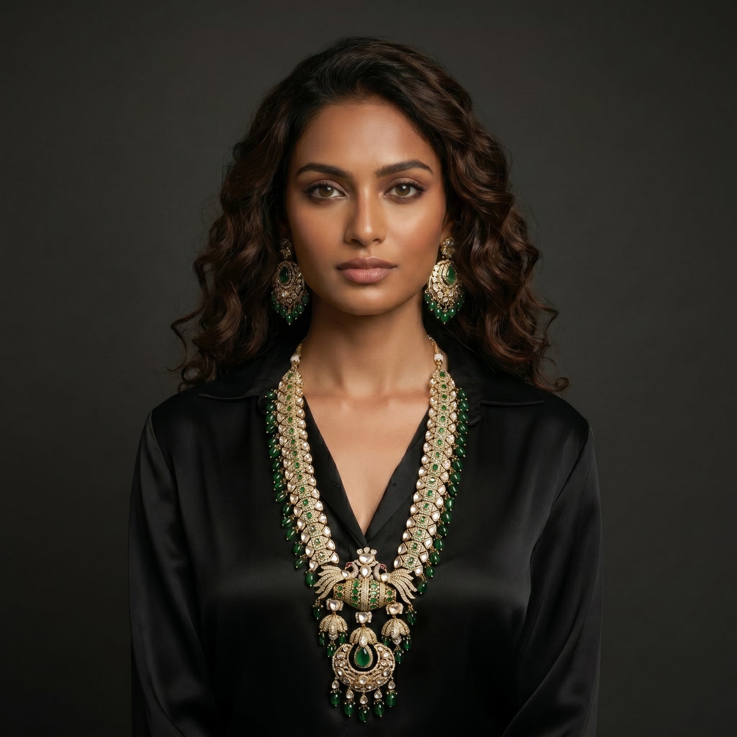 Emerald Polki Diamond Peacock Gold Necklace Set