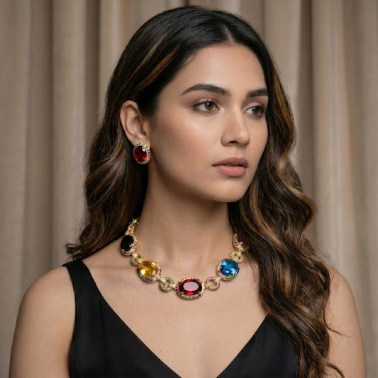 Multicolour Oval Gemstone Pavé Gold Necklace Set