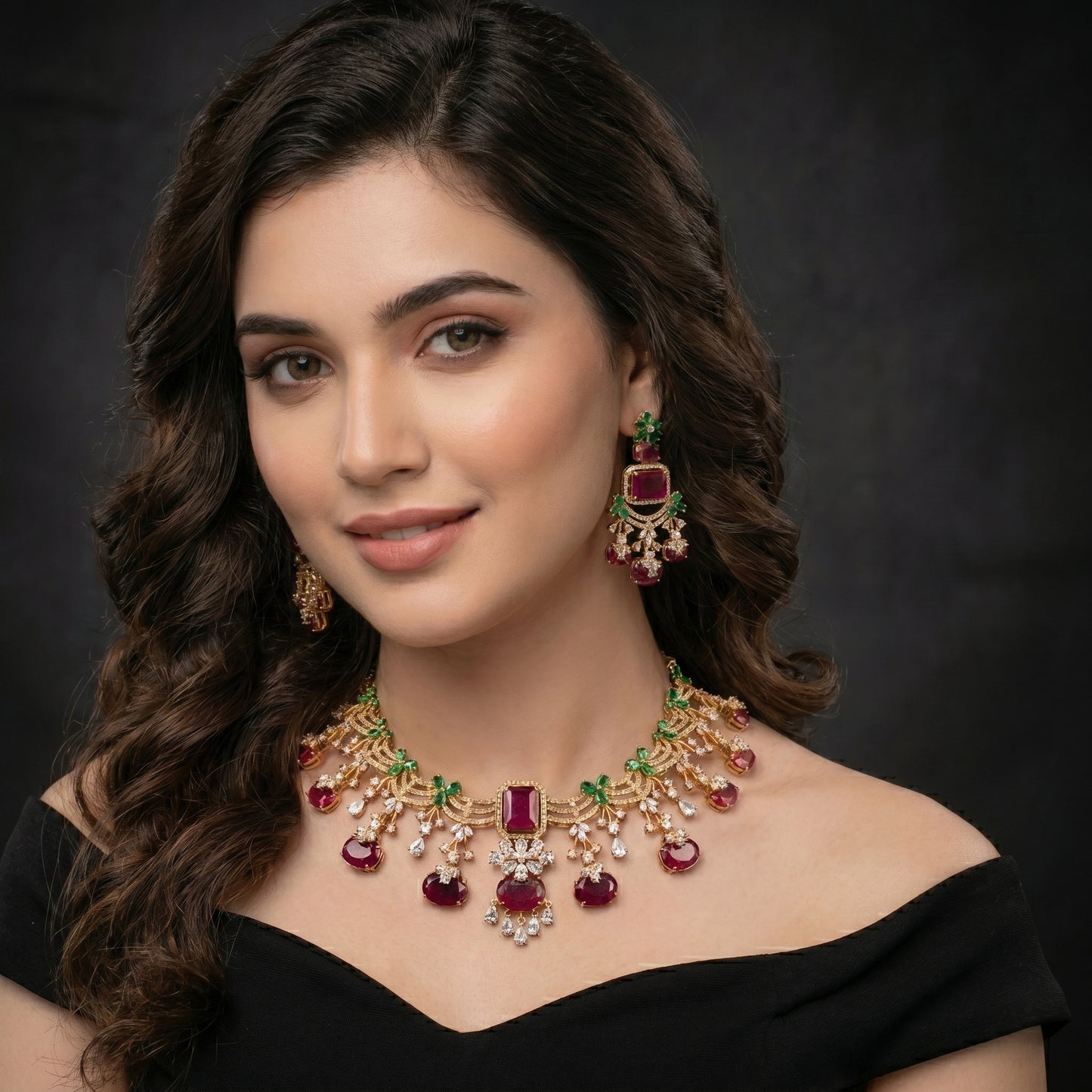 Ruby Emerald Diamond Drop Gold Necklace Set