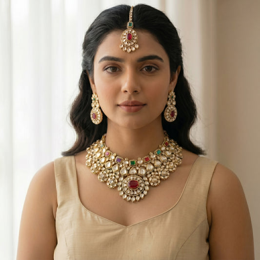 Multicolour Polki Gemstone Gold Necklace Set