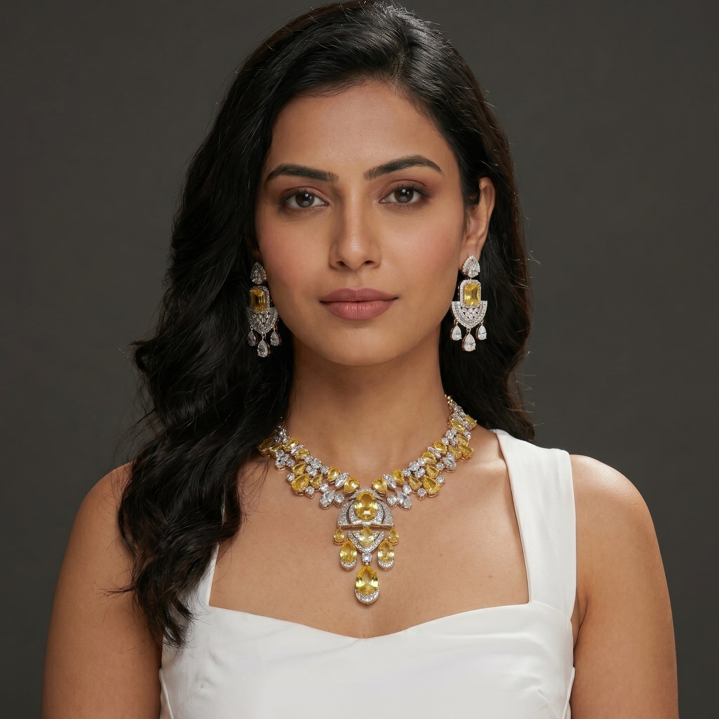 Yellow Sapphire Diamond Drop Gold Necklace Set