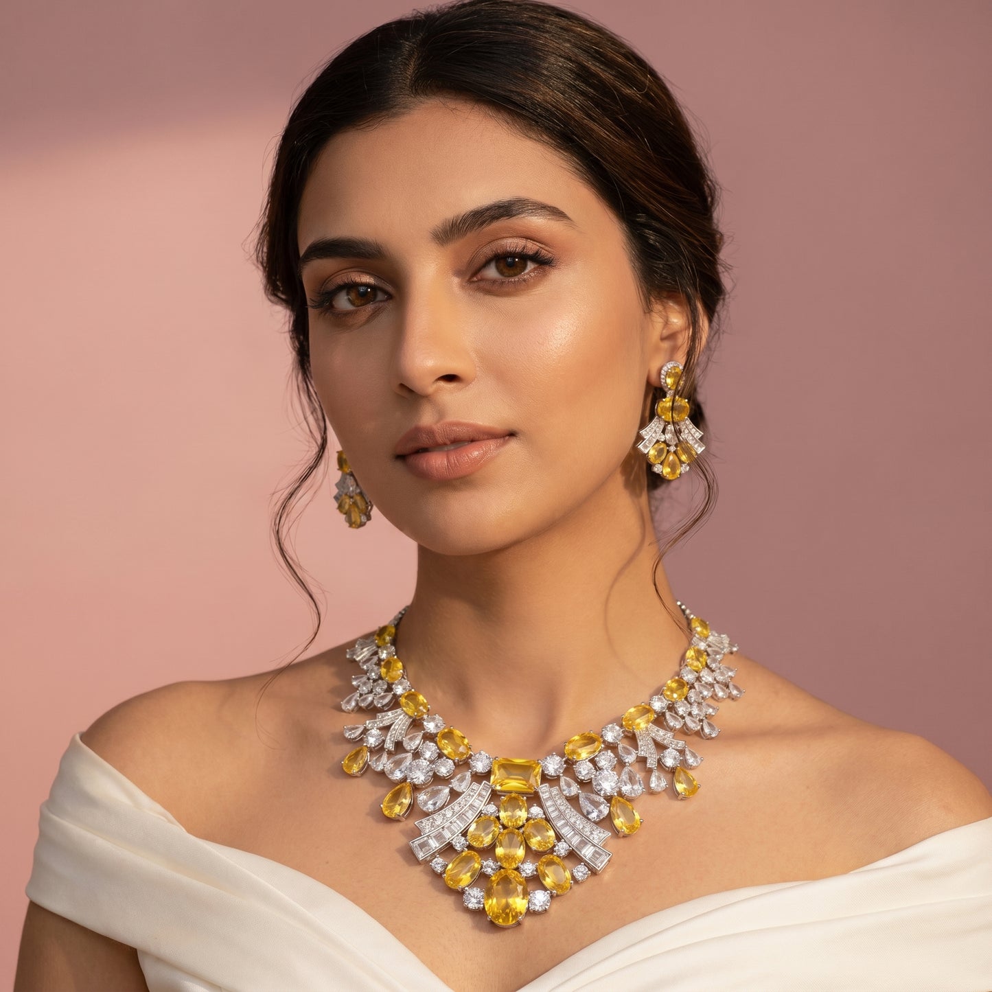 Yellow Sapphire Diamond Bib Silver Necklace Set