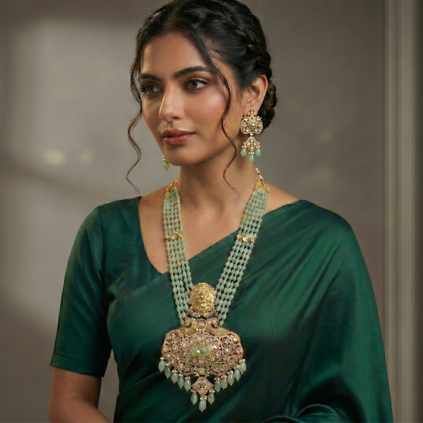 Jade Polki Lion Gold Necklace Set
