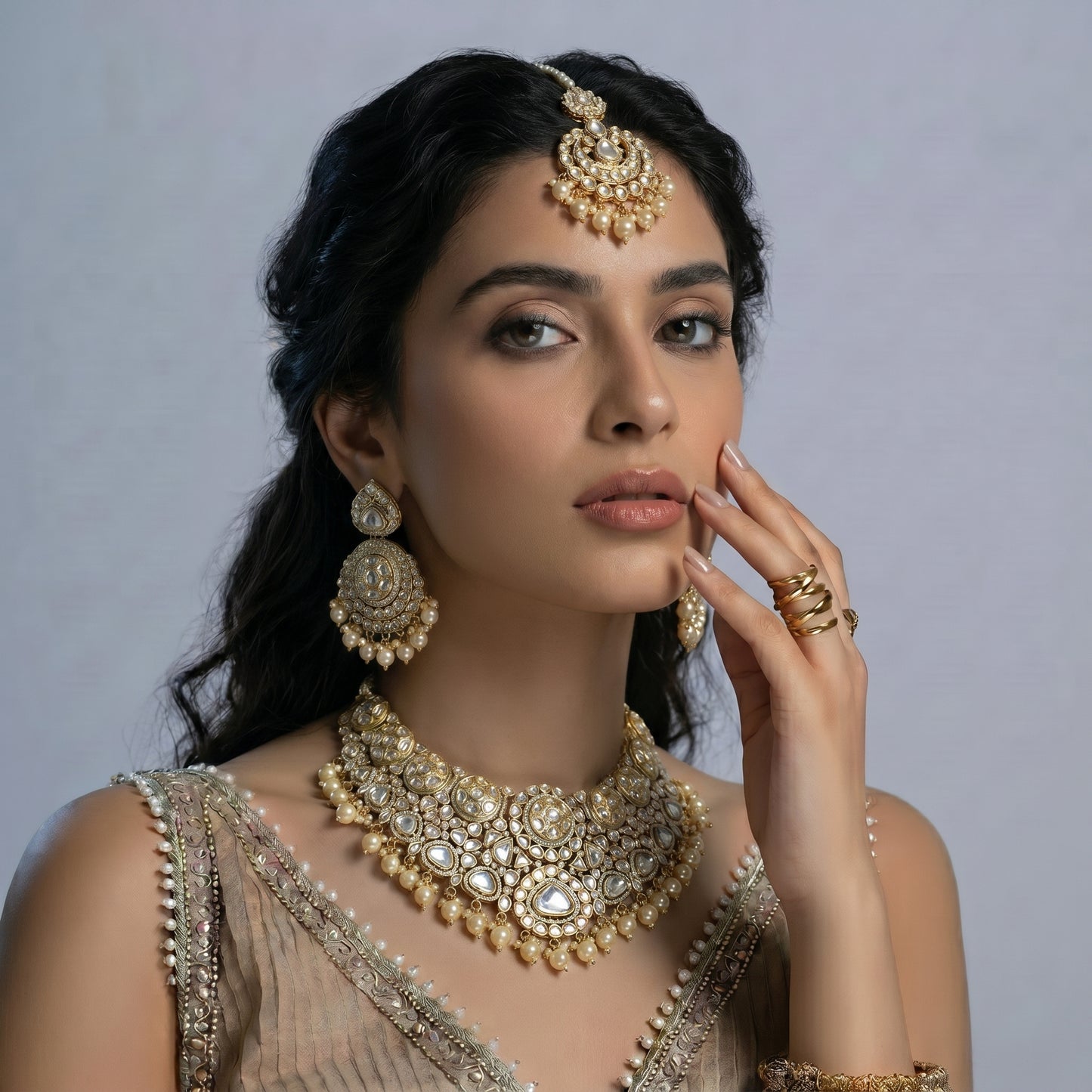 Polki Diamond Pearl Bridal Choker Gold Necklace Set