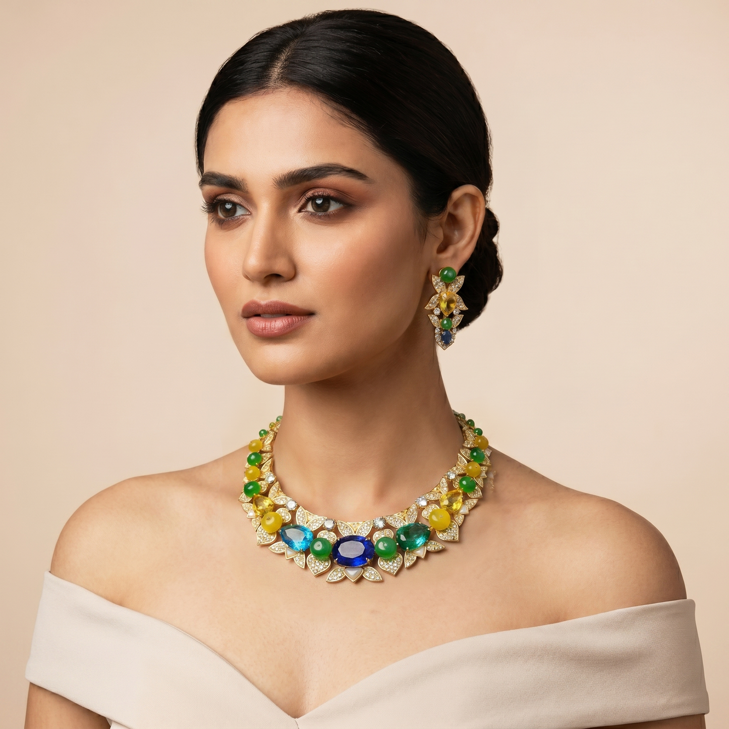 Sapphire Citrine Jade Floral Gold Necklace Set
