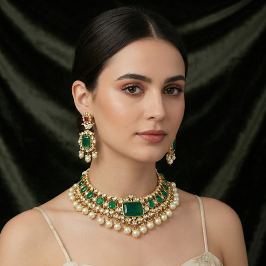 Emerald Isle Pearl & Polki Choker Necklace & Earrings Set
