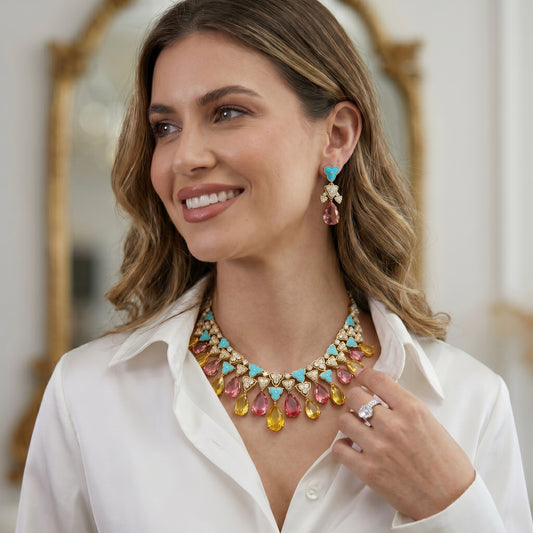 Tourmaline Citrine Turquoise Diamond Necklace Set