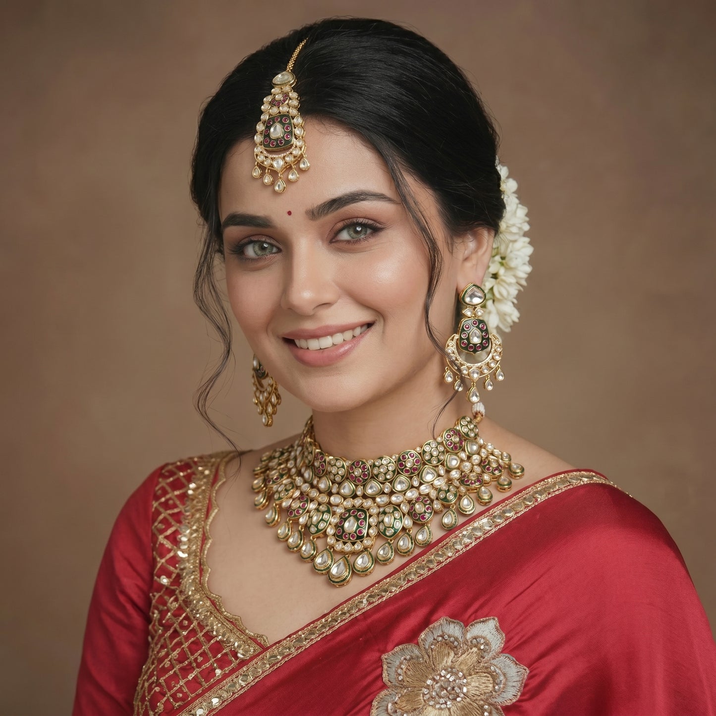 Ruby Emerald Enamel Polki Bridal Gold Necklace Set