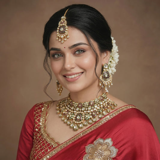 Ruby Emerald Enamel Polki Bridal Gold Necklace Set