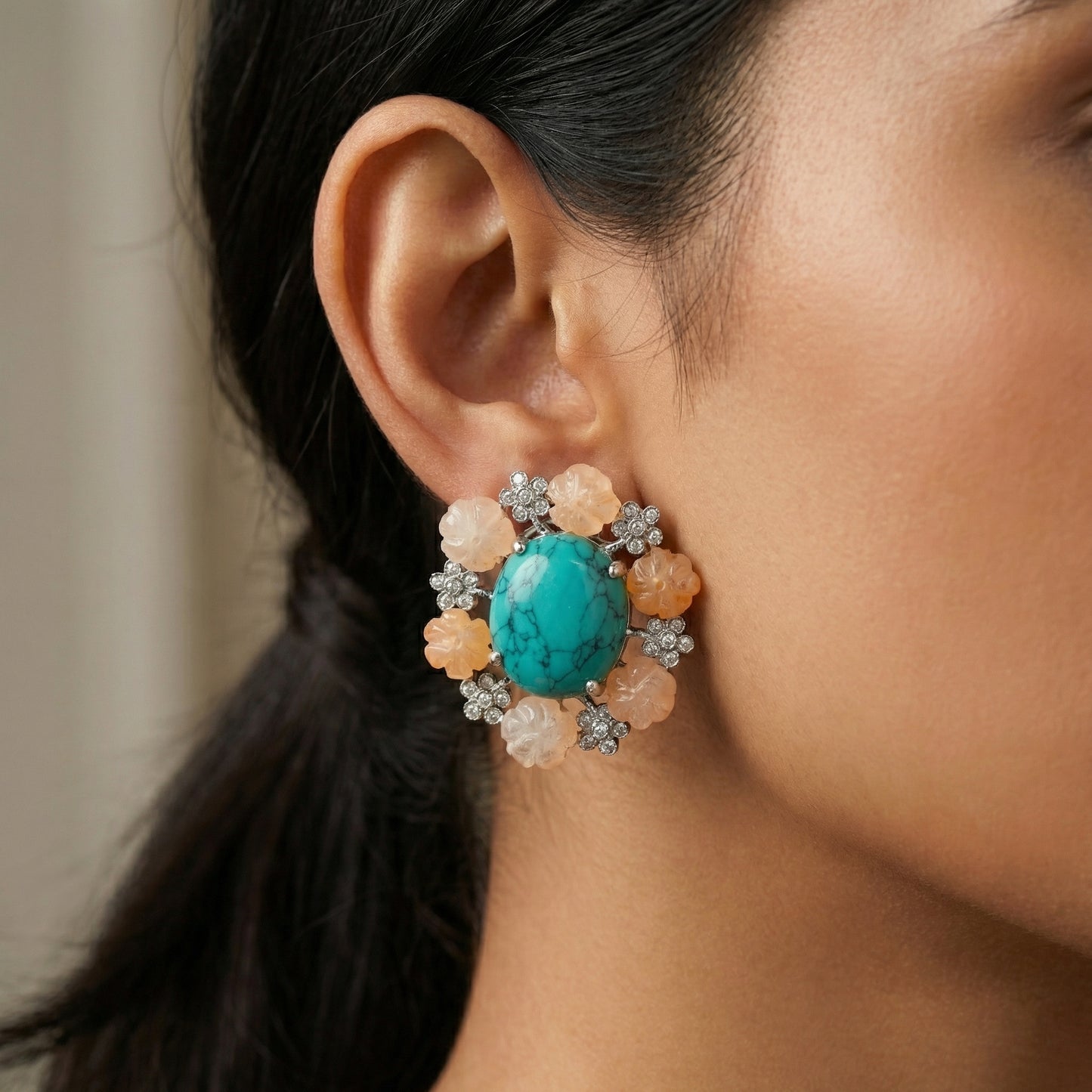Turquoise Carved Quartz Floral Silver Studs