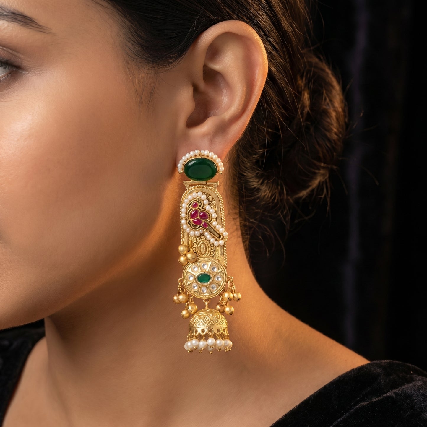 Emerald Ruby Polki Pearl Jhumka Gold Earrings