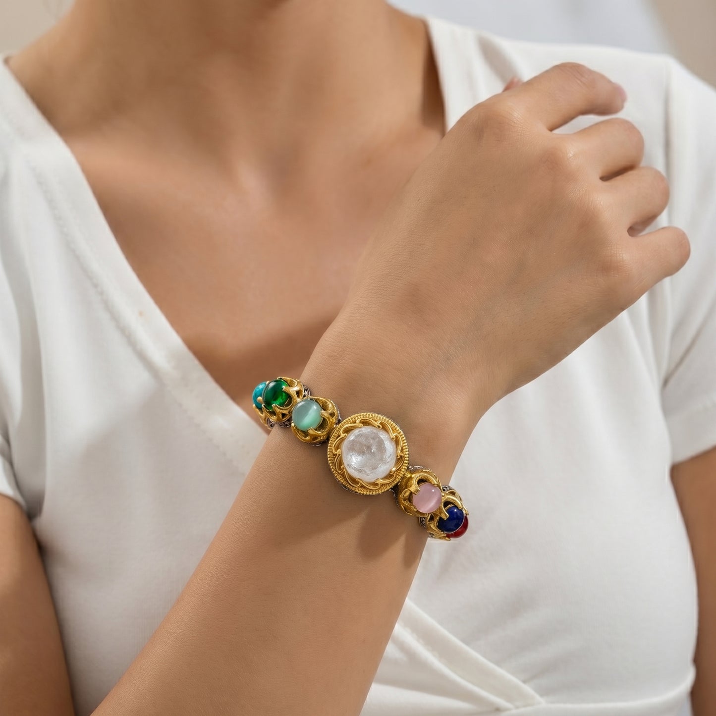 Navaratna Multicolour Gemstone Crown Setting Gold Bracelet