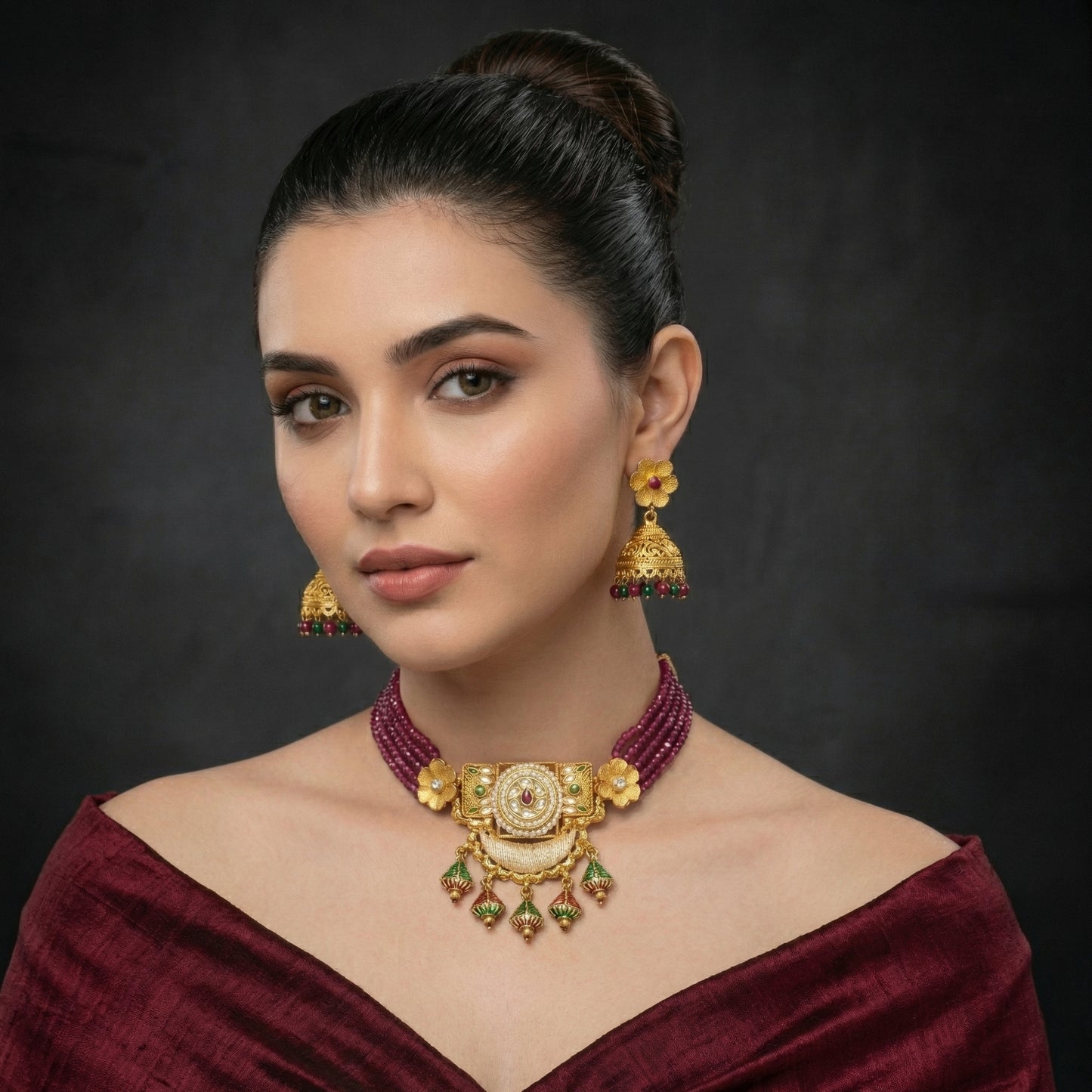 Festive Enamel Gold Jhumka Heritage Set
