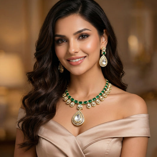 Emerald Polki Teardrop Regal Set