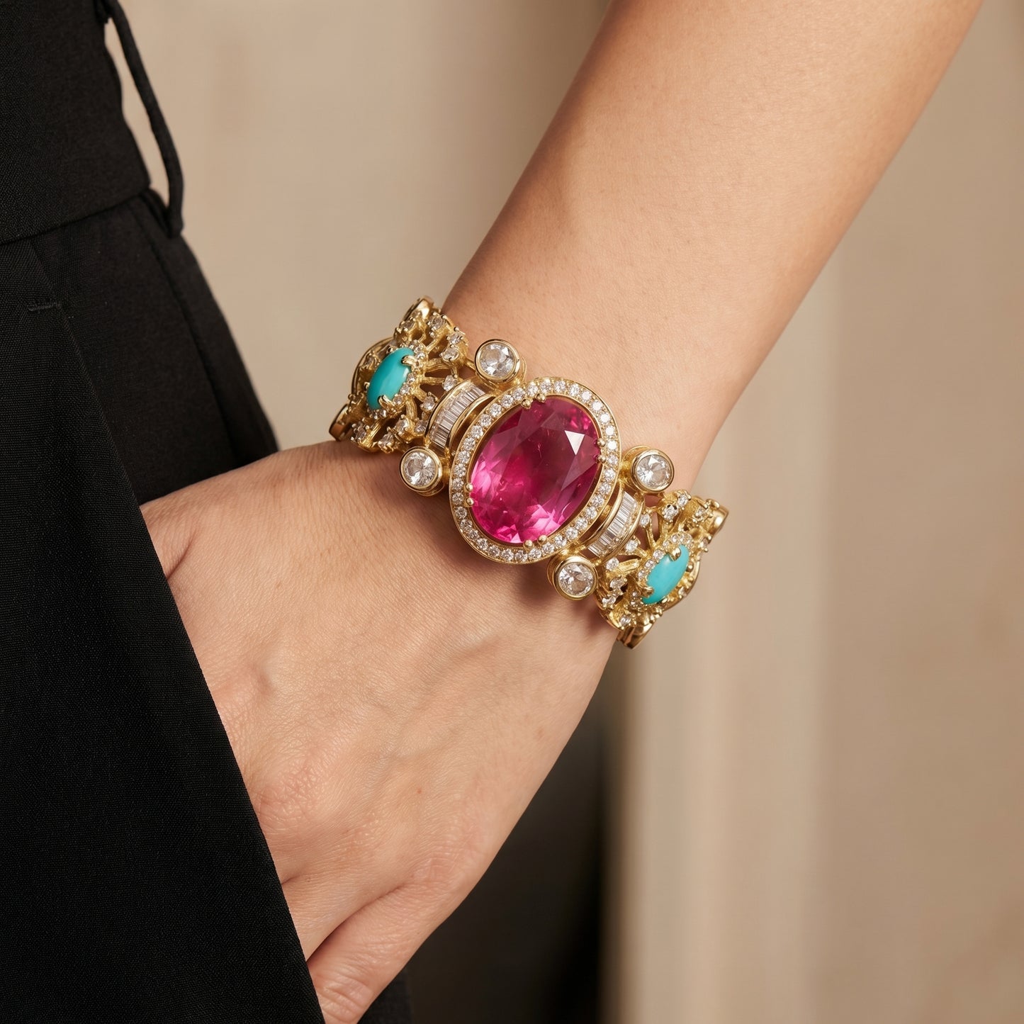Pink Tourmaline Turquoise Diamond Halo Gold Bracelet